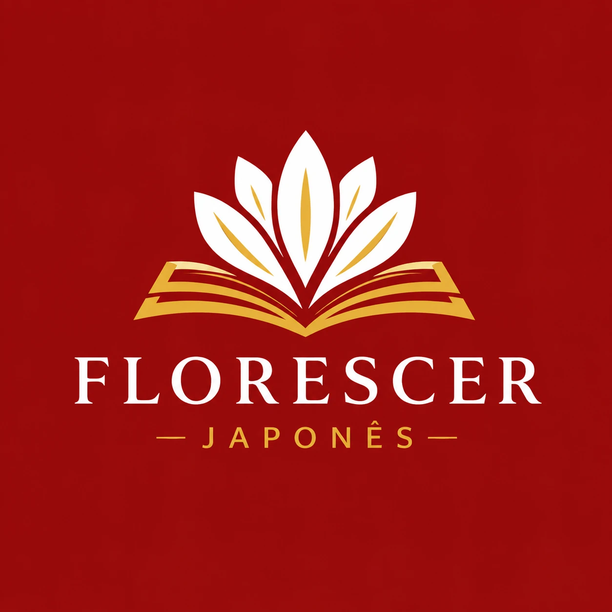 Logo Florescer Japonês: flor branca sobre livro dourado